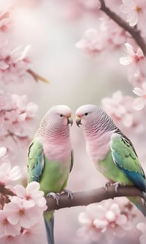 Two parakeets, one green and blue and the other with a pink and green plumage, are perched on a branch in a cherry blossom tree. The birds are facing each other, their heads tilted slightly as they seem to be looking at each other. Pink blossoms surround the birds, creating a beautiful backdrop.