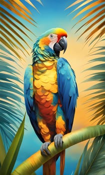 A vibrant parrot with blue, yellow, and red plumage perches on a branch in a tropical environment. The bird is facing towards the right side of the image, with lush green palm leaves framing the background.