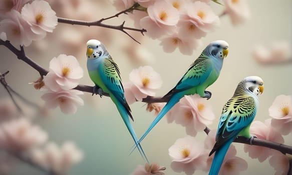Three budgerigars are perched on a branch of pink cherry blossoms, their bright blue and green feathers contrasting against the soft pink petals. The birds are looking towards the viewer, with one bird perched on a lower branch and the other two on a higher branch. The blossoms are in full bloom, creating a beautiful and delicate backdrop for the birds.