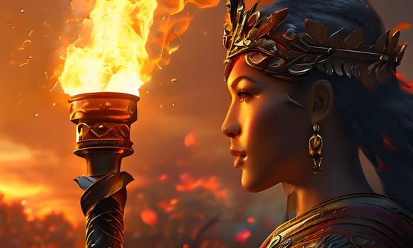 A regal woman holding a flaming torch, set against a dramatic sunset backdrop, representing strength, leadership, and the timeless symbol of fire in a vivid and inspirational scene.