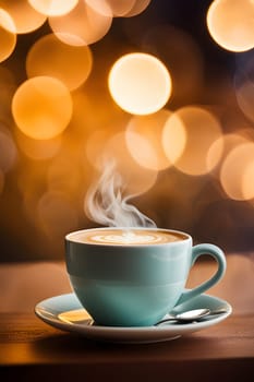 A steaming cup of coffee with latte art sits on a wooden table. A blurry background features warm bokeh lights, creating a cozy and inviting atmosphere.
