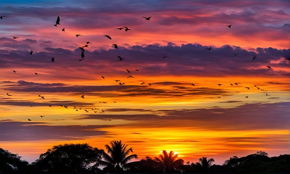 A flock of birds flies in formation across a bright orange and red sunset over a lush tropical landscape. Silhouettes of palm trees and other trees are visible along the horizon.