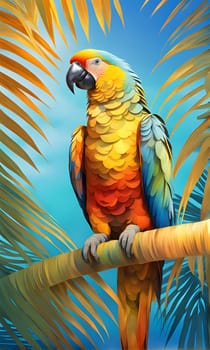 A bright, yellow, blue, and red parrot with a black beak perches on a thick palm branch against a backdrop of blue sky and green palm fronds. The bird's colorful plumage and the tropical foliage create a vibrant and lively scene.