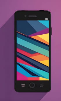 A black smartphone with a long shadow sits on a purple background. The screen displays an abstract wallpaper with colorful geometric shapes and lines.