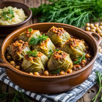 Realistic sarmale dish with rice and other sides. High quality photo