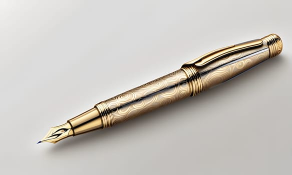 A gold-plated fountain pen with an intricate swirling design lies on a white background. The pen is angled slightly to the right, with the nib pointing towards the bottom left corner of the image. The pen's cap is closed, and the tip is visible.