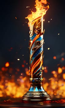 An intricately designed torch with blazing flames, standing against a dark background, symbolizing strength and resilience.