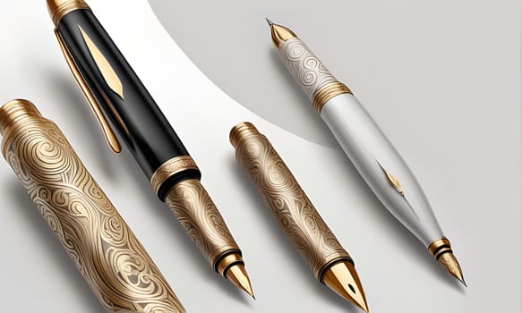Four high-end fountain pens lay on a white surface. Two pens feature a gold and black design with intricate details, while the other two pens showcase a white body with gold accents and similar patterns. Each pen has a unique and elegant style.