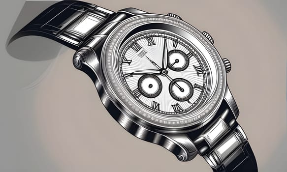 A detailed illustration of a silver chronograph wristwatch with a diamond bezel. The watch is lying on a light grey background and the image is rendered in black and white.