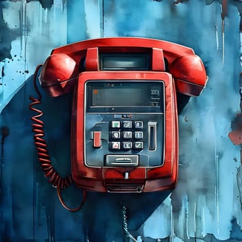 A red public phone is mounted on a blue wall. The phone has a coiled cord hanging down, and it's set against a blue background with light streaks running down it.