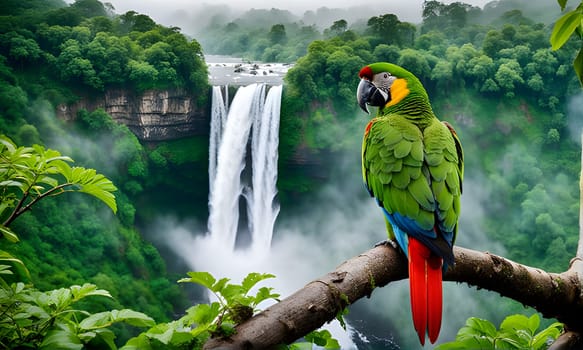 A vibrant green parrot with red and blue accents sits on a branch overlooking a cascading waterfall in a tropical rainforest. The lush greenery and mist create a serene atmosphere, highlighting the beauty of nature.