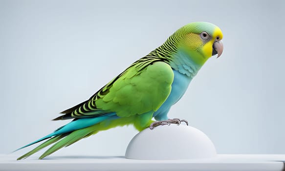 A budgerigar with green and blue feathers is perched on a white platform. It is positioned on the right side of the image, facing the left. The bird has a yellow head, and its beak is pointing down. The background is a soft, light blue.