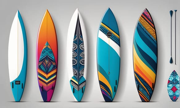 Six surfboards are displayed against a grey background. The surfboards are all different colors and feature unique geometric designs, each with a distinct pattern and color scheme. Two paddleboards are shown leaning against the wall to the right of the surfboards.