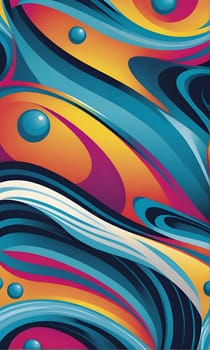 The image features vibrant abstract digital art with wavy lines in shades of blue, black, yellow, red, and white. Scattered throughout the composition are circular shapes of varying sizes in blue, yellow, and red, giving the art a playful and dynamic feel.