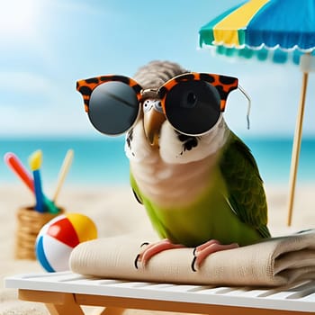 A parrot wearing dark sunglasses sits on a beach lounger with a beach umbrella behind it. A beach ball rests on the sand in the foreground. The parrot looks cool and relaxed as it enjoys a sunny day at the beach.