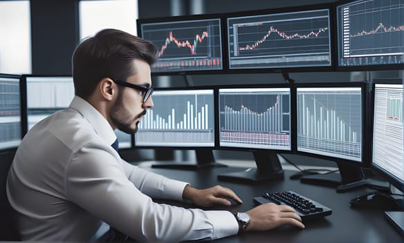 A man is working at a computer in an office setting. He is looking intently at a financial chart on a monitor, with several other charts displayed on additional monitors around him. He is typing on a keyboard with one hand, and holding a mouse in the other.
