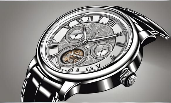 A silver wristwatch with a round, polished case and a metal bracelet is shown, angled to display the intricate details of the watch face. The watch features Roman numerals, a chronograph, and an automatic movement visible through the open heart design.
