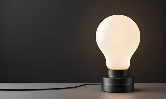A large, white, light bulb table lamp with a black base sits on a grey surface. The light bulb is illuminated, casting a warm glow. A black cord connects the lamp to an unseen power source.