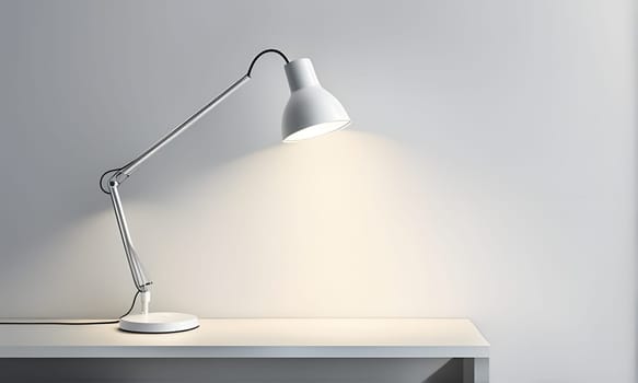 A white desk lamp with a flexible arm sits on a white table against a white wall. The lamp is on and casting a warm light. The table is empty, ready for work or a creative project.