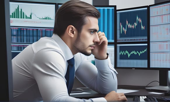 A young man in a white dress shirt and blue tie sits at his desk, focused on multiple computer screens displaying stock market data. He has his hand to his chin, seemingly pondering the information on the screens.