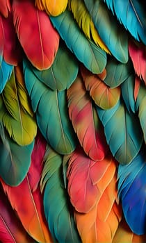 A close-up view of a parrot's feathers, showcasing a stunning array of vibrant colors, from deep red to bright green, with intricate textures and patterns. The image captures the beauty and complexity of these natural wonders, highlighting the intricate details of each individual feather.