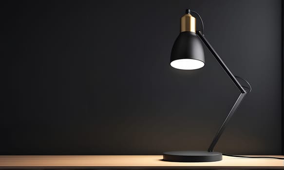 A black desk lamp with a gold accent on the base and a white light shining.
