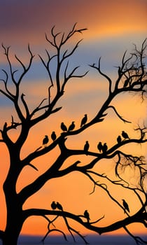 A group of birds rest on the branches of a bare tree against a vibrant sunset sky. The silhouette of the birds and the branches stand out against the orange, yellow, and blue hues of the sky. The image creates a sense of peace and tranquility as the birds enjoy the end of the day.