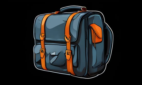 A detailed illustration of a blue backpack with orange straps. The backpack has multiple pockets, buckles, and a vintage style. The image is isolated on a white background.