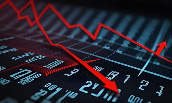 A close-up image of a computer screen displaying a red line graph moving downwards, illustrating a stock market decline. The graph is set against a grid of light blue numbers representing a financial chart.