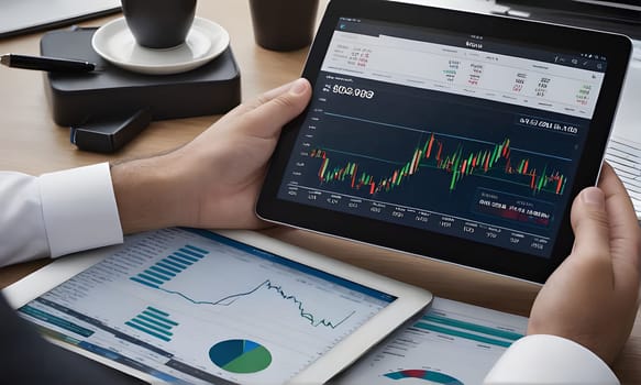 A businessman sits at a desk, holding a tablet displaying a line graph and financial data. The tablet is positioned above a paper chart, showing graphs and a pie chart, while other papers with financial data lie to the right.