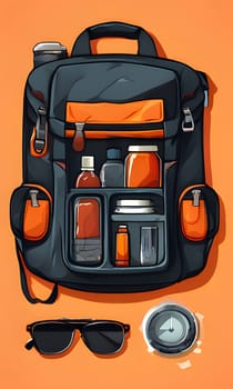 An illustrated backpack is laid out on an orange background, unzipped to show its organized interior, with several items packed inside including bottles, containers, and a small case. Sunglasses and a compass are also laid out on the table, suggesting a travel or adventure theme.