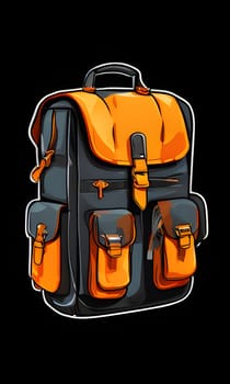 A digital illustration of a large, multi-pocketed backpack featuring an orange top flap and accents and a grey body. The backpack is set against a black background and appears to be ready for an adventure.