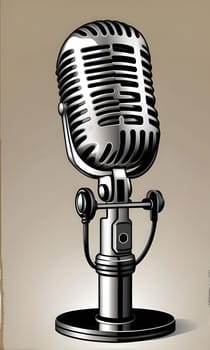 A vintage silver microphone with a black stand is depicted against a beige background. The microphone has a round, grid-like head with a silver finish and a black base. The stand is simple and cylindrical with a black base.