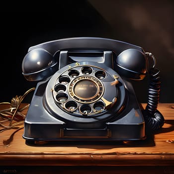 A classic rotary dial telephone, with a black finish and gold accents, sits on a wooden table. The phone's receiver is off the hook, suggesting it is ready to be used. The phone's coiled cord is visible on the table, adding to the image's sense of vintage charm.