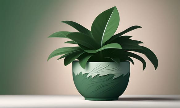 A large, green plant with wide leaves sits in a deep green and light green pot with an ornate design. The pot rests on a white surface in front of a light green background.
