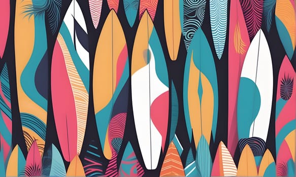 A close-up of a digitally created pattern of multiple colorful surfboards with abstract designs. The surfboards are arranged in a row, and the background is a dark blue.