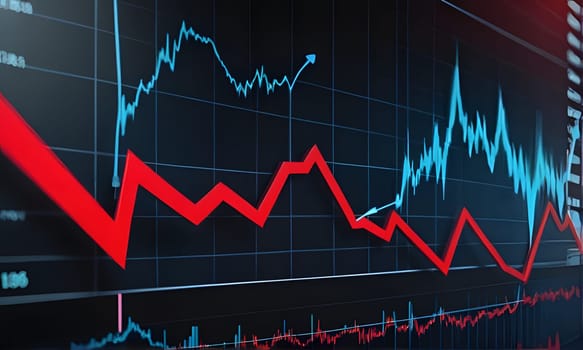 A red line on a stock market graph is shown on a computer screen. The red line is trending downward, while a blue line is trending upward.