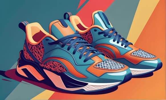 Two pairs of athletic sneakers with orange, blue, and white details, set against a colorful background with geometric patterns. The sneakers are worn and have a vintage look.