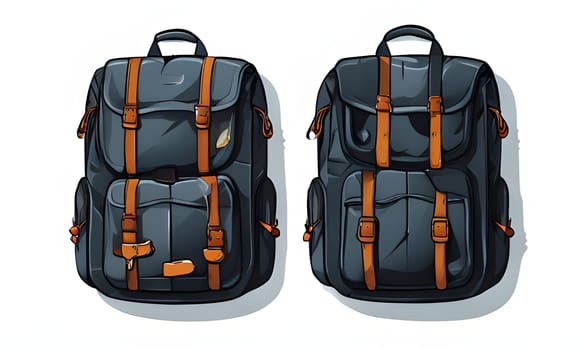 A digital illustration of two identical black backpacks with orange straps, buckles, and accents. Both backpacks are facing forward with zippers visible on the sides. The left backpack is slightly tilted toward the viewer, and the right backpack is straight on.