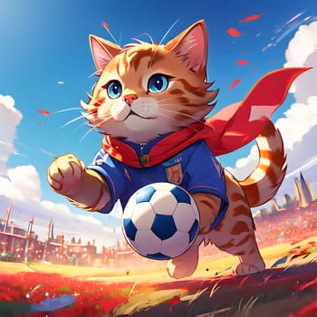 Cute orange cat playing football. High quality photo