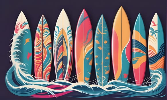 A row of colorful surfboards is lined up against a blue ocean wave. The surfboards are decorated with various patterns and designs, and the wave is breaking behind them.