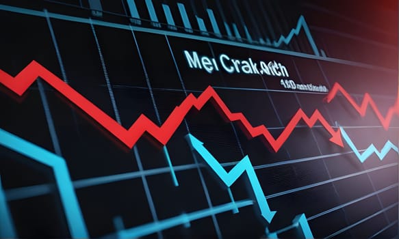 A close-up view of a stock market graph, depicting a red line that is trending downwards, suggesting a decline in the market. The graph is displayed on a black background with white grids, and a blue line can be seen in the foreground moving upwards.