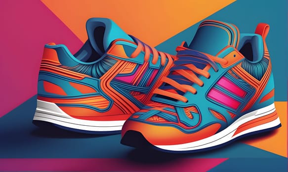 Two athletic sneakers with vibrant orange, blue, and pink designs are resting on a background of orange, purple, and blue geometric shapes. The shoes are detailed with a geometric pattern and have white soles.