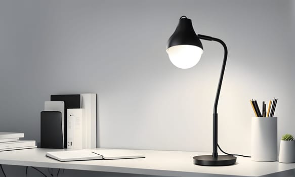 A black desk lamp with a white shade illuminates a white desk. There are several books stacked on the left side of the desk, and a pencil holder with a few pencils inside on the right side.