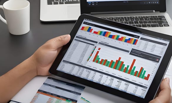 A person is sitting at a desk with a laptop, a cup of coffee, and a tablet displaying various data charts. The person is holding the tablet in their hands and appears to be analyzing the data on the screen. There is also a sheet of paper with data displayed on the screen in the foreground.