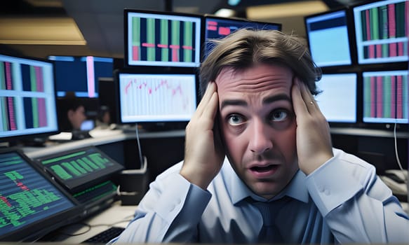 A man sits in front of multiple computer monitors displaying stock market data. He looks distressed, with his hands on his head, as he watches the fluctuations in the market. The room is filled with computer screens showing charts and graphs, suggesting a high-pressure work environment.