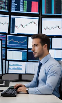 A stock trader sits at a desk in a modern office, focusing intently on financial data displayed across multiple computer monitors. He is wearing a blue shirt and tie and is typing on a keyboard. The room is brightly lit and the atmosphere is professional.