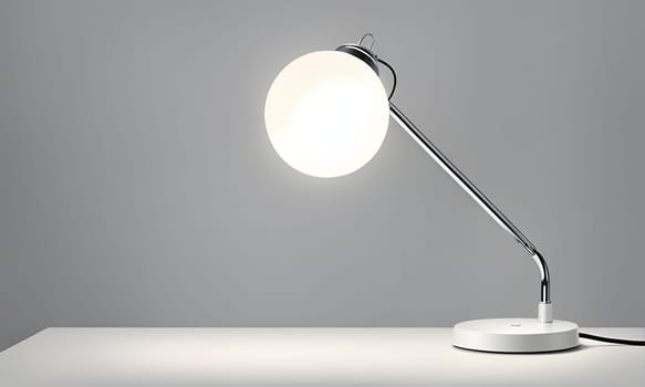 A chrome desk lamp with a white spherical shade is illuminated on a white surface. The lamp is situated against a grey background, creating a clean, modern aesthetic.