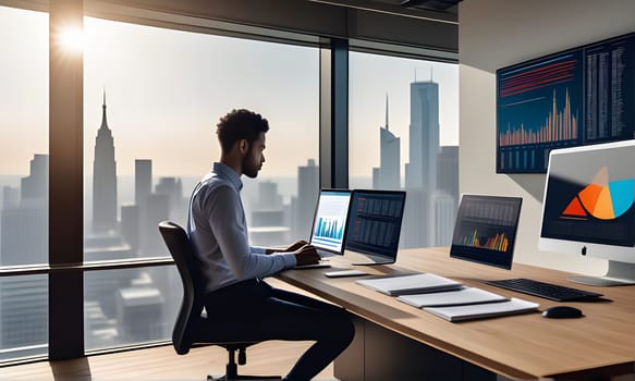 A man sits at a desk in a modern office, looking at a computer screen with city views visible through large windows behind him. He is working with multiple computer monitors displaying data and graphs. The office is well-lit and has a sleek, minimalist design.