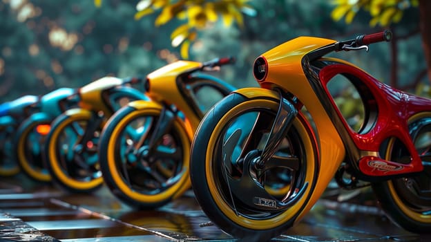 A row of brand-new bikes, perfectly aligned and ready for a ride.